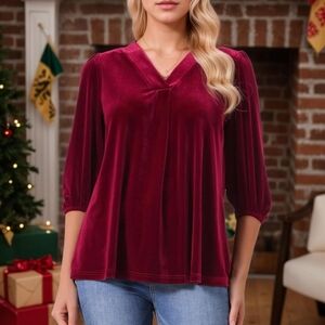 NWT Seta T Women's Burgundy Velvet, V Neck 3/4 Puff Sleeve Blouse Sz. Small